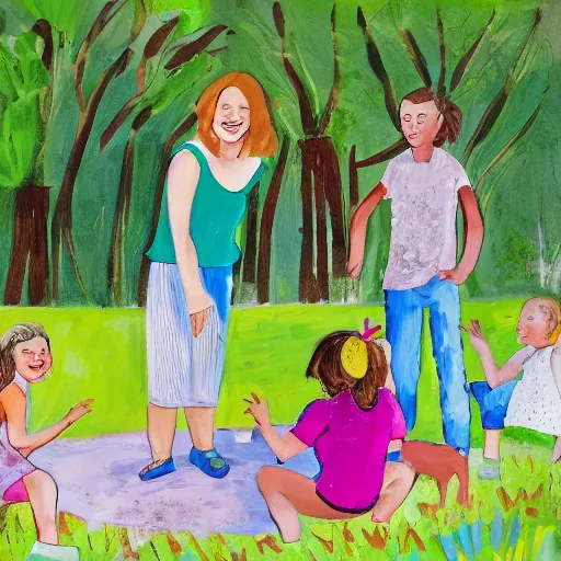 Prompt: A beautiful land art of a young woman surrounded by a group of children. The children are playing and laughing while the woman looks on with a smile. The background is a idyllic countryside scene with rolling hills and trees. steel by Amy Sillman earthy, extemporaneous