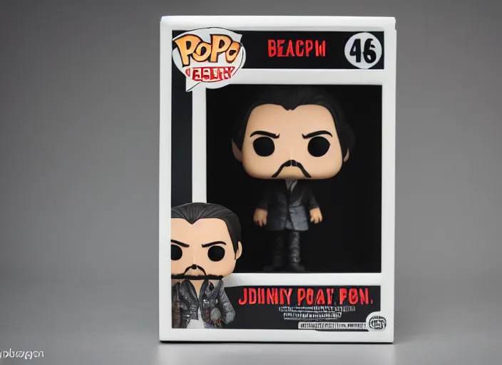 Image similar to product still of Johnny Depp funko pop with box, 85mm f1.8