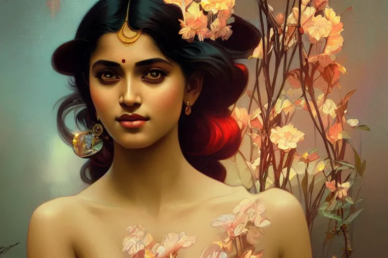 Image similar to sensual bengali girl, art deco portrait, elegant, intricate, digital painting, artstation, concept art, smooth, sharp focus, illustration, art by artgerm and greg rutkowski and alphonse mucha