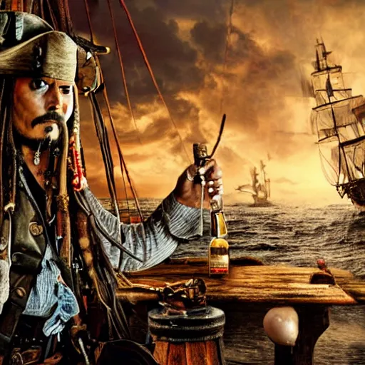 Image similar to jack sparrow drinks rum from bottle at his pirate ship, focus, 3 d illustration, sharp, intricate, poster, bottle of rum, pirate ship at background, photo, detailed photo, scene from pirates of caribbean