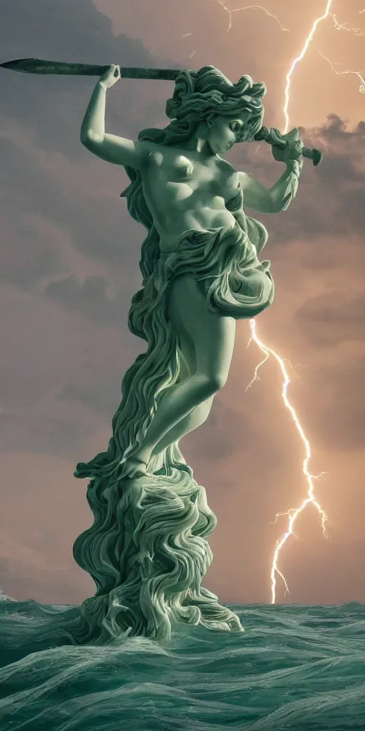 Prompt: gigantic marble statue of the goddess of the sea wielding a trident on an island. roiling waves at the base. scene lit by lightning. thunderclouds in the background. fantasy setting. magicians praying to the statue. purples and greens. fantasy aesthetic. extremely detailed. 4 k. digital art.
