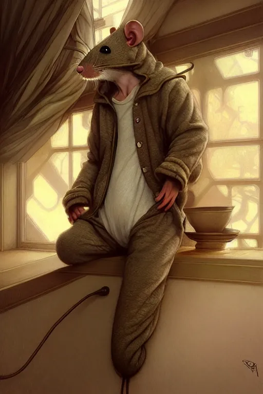 Prompt: ultra realistic illustration, an anthropomorphic rat dressed in pajamas, comfy, highly detailed, digital painting, concept art, smooth, sharp focus, art by artgerm and greg rutkowski and alphonse mucha
