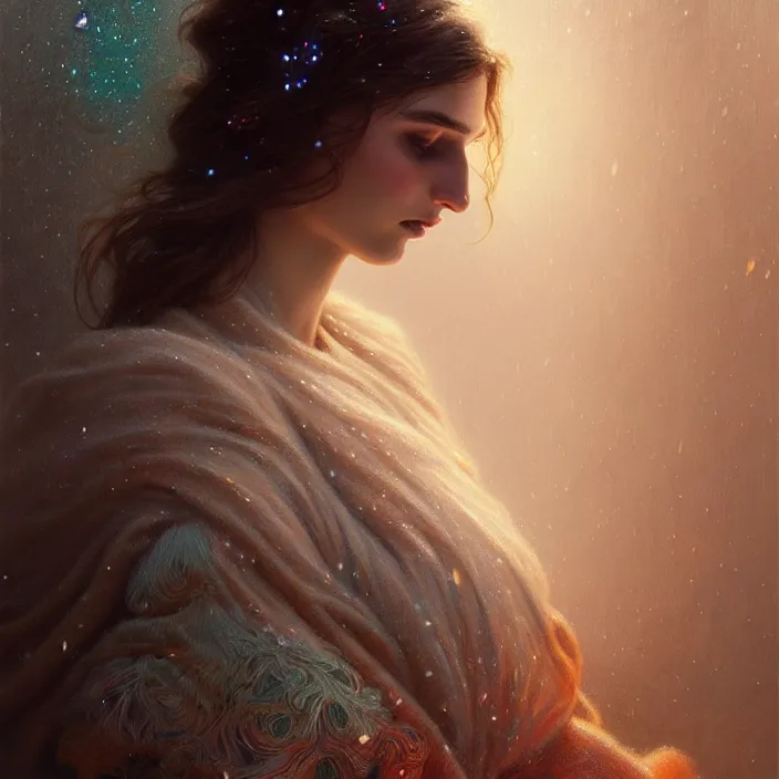 Image similar to psychedelic snowfall Emily Ratajkowski, diffuse lighting, fantasy, intricate, elegant, highly detailed, lifelike, photorealistic, digital painting, artstation, illustration, concept art, smooth, sharp focus, art by John Collier and Albert Aublet and Krenz Cushart and Artem Demura and Alphonse Mucha