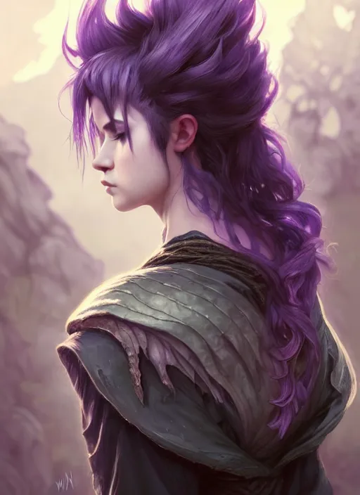 Image similar to back portrait rugged girl, adventurer outfit large cloak, fantasy forest landscape, dragon scales, fantasy magic, undercut hairstyle, short purple black fade hair, dark light night, intricate, elegant, sharp focus, illustration, highly detailed, digital painting, concept art, matte, art by wlop and artgerm and greg rutkowski and alphonse mucha, masterpiece