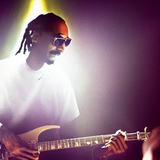 Image similar to a dramatic photograph of snoop dog jamming with bob marley in an infinite universe of mystical light, ground haze, dramatic lighting, filmic, cinematographic, sci - fi