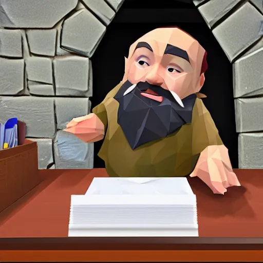 Prompt: A low poly dwarf sitting at a desk in the middle of a cave surprised at the amount of mail on the desk