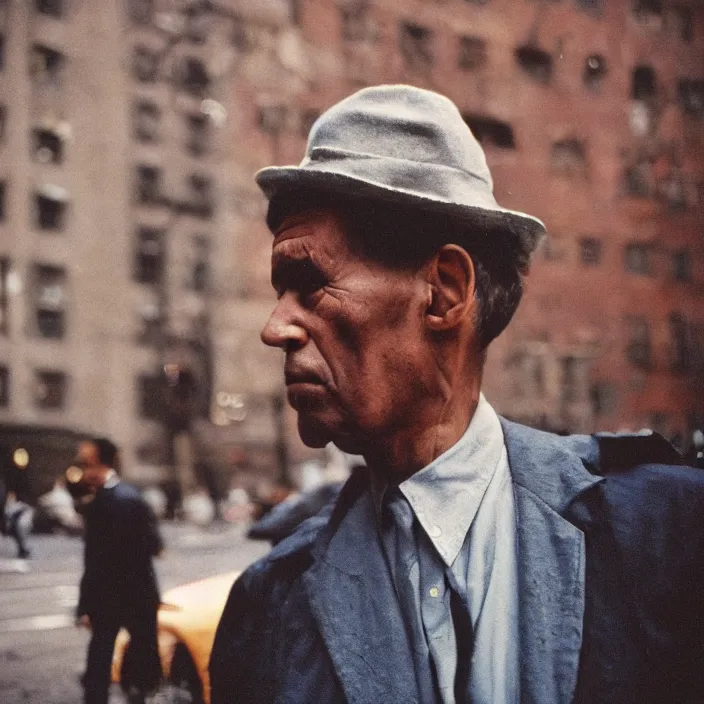 Prompt: medium format film candid portrait of a man in new york by street photographer from the 1 9 6 0 s, hasselblad film man portrait featured on unsplash, hard light damaged colour film,