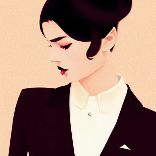 Image similar to young female in black tuxedo, corporate boss, luxury, muted colors, matte print, pastel colors, 2d, ultra highly detailed, smooth, sharp focus, digital art, digital painting, fan art, elegant, artstation, head is centered, by Ilya Kuvshinov