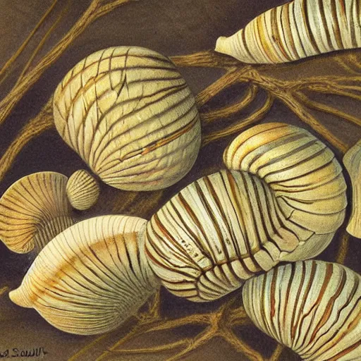 Image similar to snails in their shell by Hamid Savkuev, close-up, botanical illustration