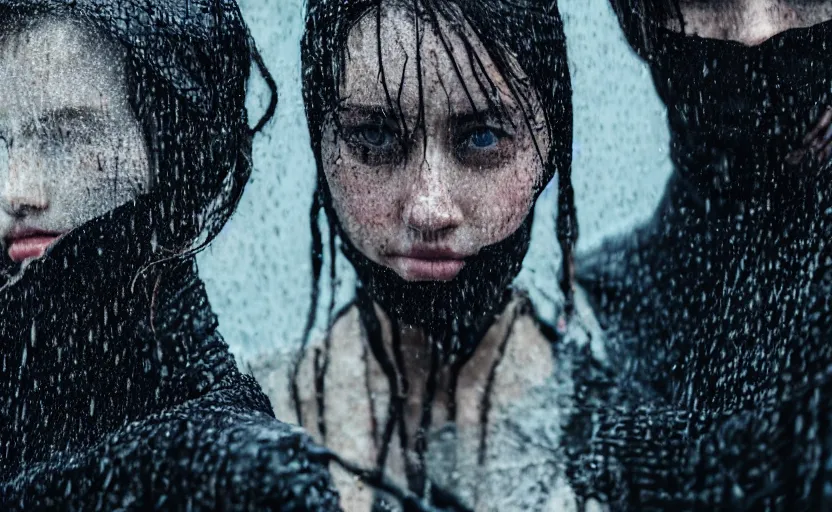 Image similar to cinestill 5 0 d candid photographic portrait by christopher nolan of two loving female androids wearing rugged black mesh techwear in treacherous waters, extreme closeup, modern cyberpunk moody emotional cinematic, pouring rain, 8 k, hd, high resolution, 3 5 mm, f / 3 2, ultra realistic faces, ex machina