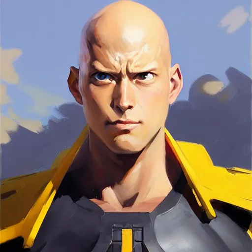 Image similar to Greg Manchess portrait painting of Saitama as Overwatch character, medium shot, asymmetrical, profile picture, Organic Painting, sunny day, Matte Painting, bold shapes, hard edges, street art, trending on artstation, by Huang Guangjian and Gil Elvgren and Sachin Teng