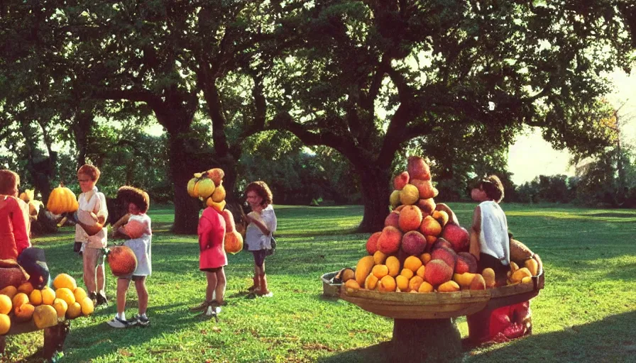 Image similar to 1990s candid photo of a beautiful day at the park, cinematic lighting, cinematic look, golden hour, large personified fruit people, Enormous fruit people with friendly faces and hands, kids talking to fruit people, did I mention the fruit people enough? UHD