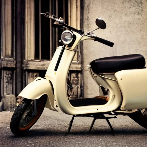 Prompt: hasselblad photo of a vintage moped, high gloss action shot, beautiful restored machinery, sharp focus dynamic lighting