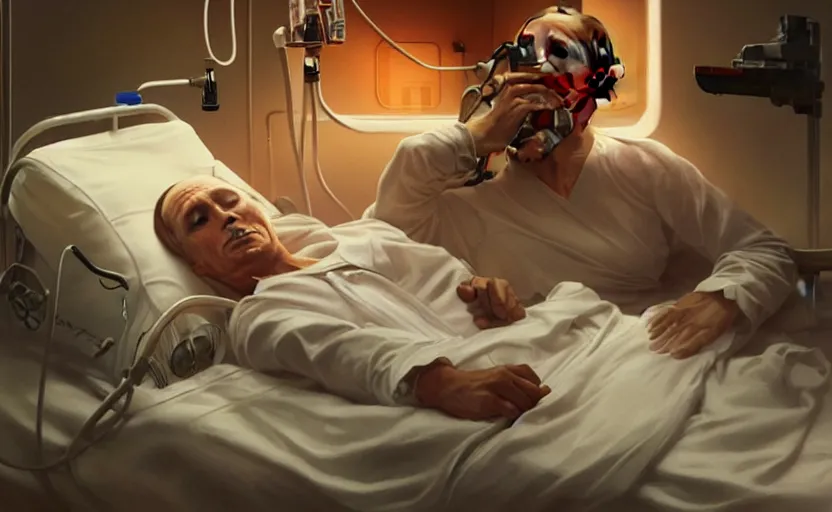 Image similar to Putin suffocates with oxygen mask on a hospital bed, intricate, portrait, highly detailed, digital painting, artstation, concept art, smooth, sharp focus, illustration, cinematic lighting, art by artgerm and greg rutkowski and alphonse mucha