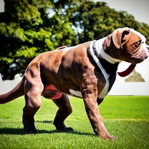 Image similar to pitbull boxer mix with brindle coat and white paws and white chest playing with a dinosaur plushie. photo. realistic. hyper realistic. outside photography. sunny day.