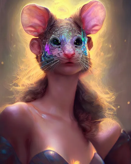 Prompt: cute female woman rat chimera of iridescent liquid, alchemy, shiny plastic, intricate, bloom, detailed, volumetric lighting, sharp focus, photorealism, digital painting, highly detailed, concept art, by by artgerm and wlop