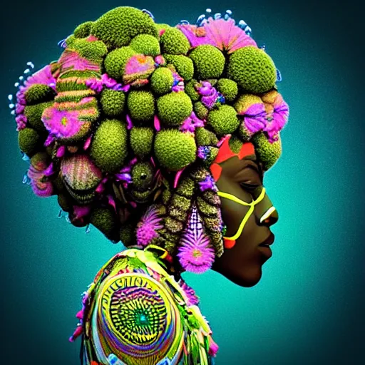 Image similar to a female african marijuanna! shaman with an afro made of flowers, third eye art art by machina infinitum, complexity from simplicity, rendered in octane, mandelbulb 3 d, ambient occlusion, macro photography, felt!!! texture, tribal, pastel! retrowave