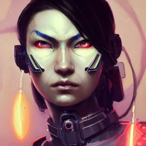 Prompt: portrait of a cybernetic samurai, cyberpunk concept art by pete mohrbacher and artgerm and wlop and greg rutkowski and deathburger, digital art, highly detailed, intricate, sci-fi, sharp focus, Trending on Artstation HQ, deviantart, unreal engine 5, 4K UHD image