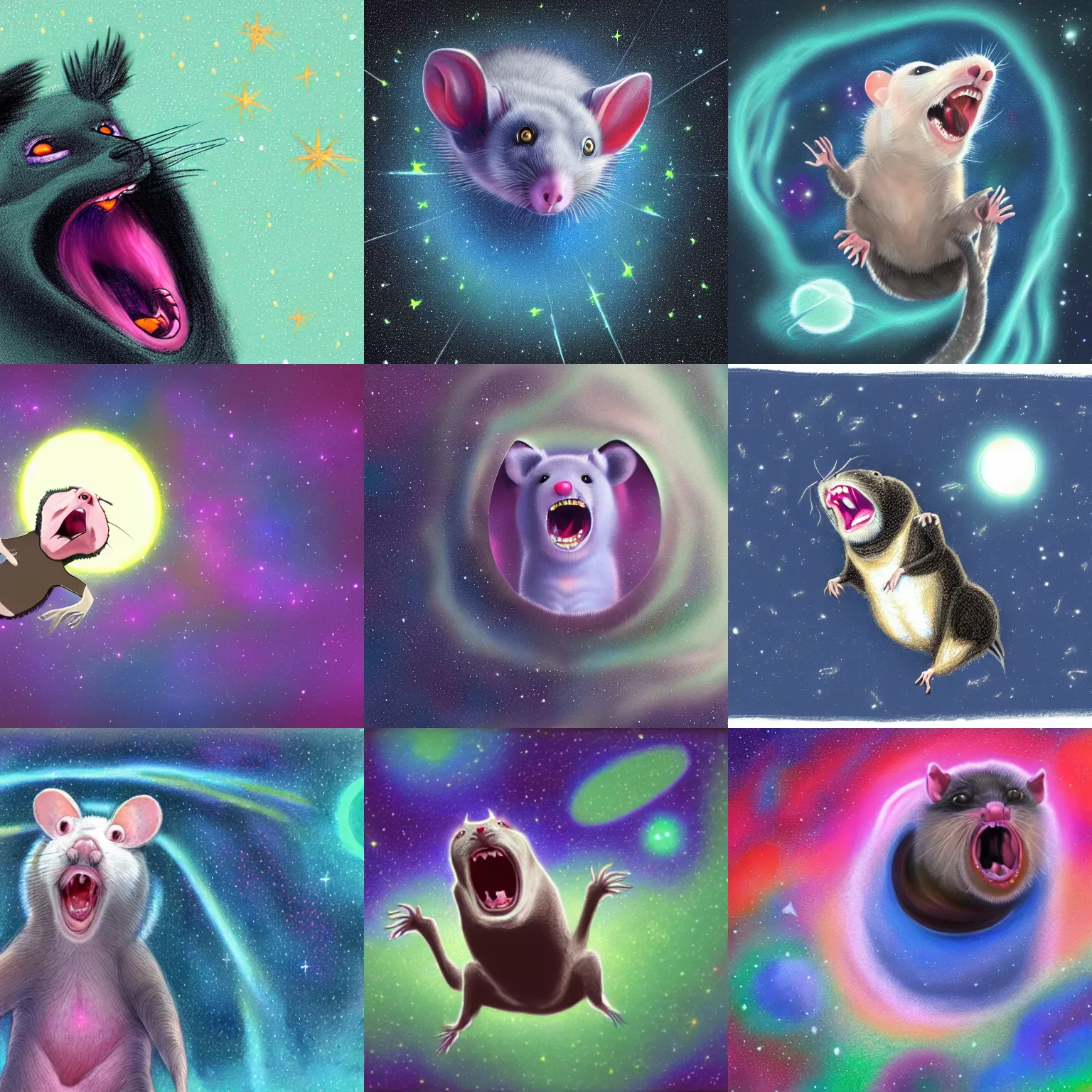Prompt: possum screaming at the cosmic void of space, nebulous background, artstation trending, digital pastel concept art