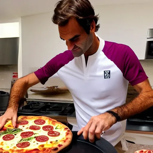 Prompt: Roger Federer cooking a pizza