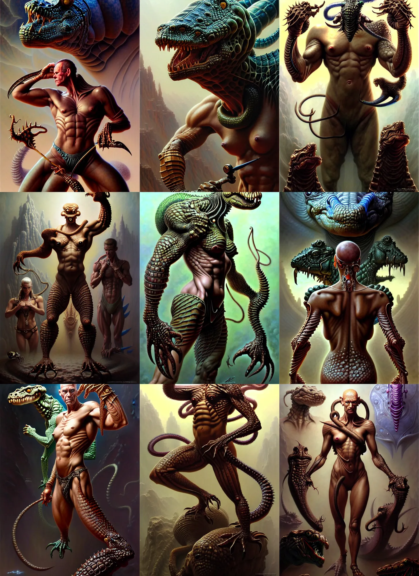 Prompt: muscly human, crocodile artifacts, more humanoid, fantasy character portrait, interesting skin coloring,, ultra realistic, intricate details, the fifth element artifacts, highly detailed by peter mohrbacher, allen williams, hajime sorayama, wayne barlowe, boris vallejo, aaron horkey, gaston bussiere, craig mullins