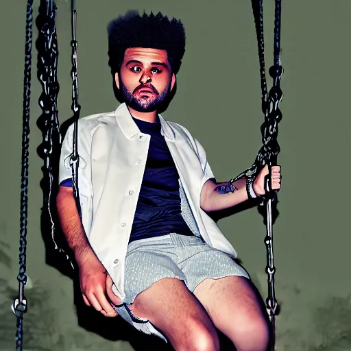 Image similar to photograph of the Weeknd wearing shorts swinging on a swing at night neon lights