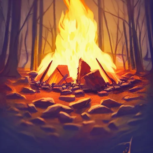 Prompt: beautiful close up zoom up campfire in the woods at night, warmth, stylized, artgerm, artstation, hd, cgsociety, cgi, realistic, dramatic, cinematic, artistic, trending, detailed