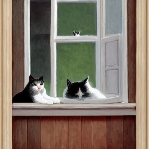 Prompt: two cats, one white and one gray, looking out a window in the rain, painted by tor lundvall