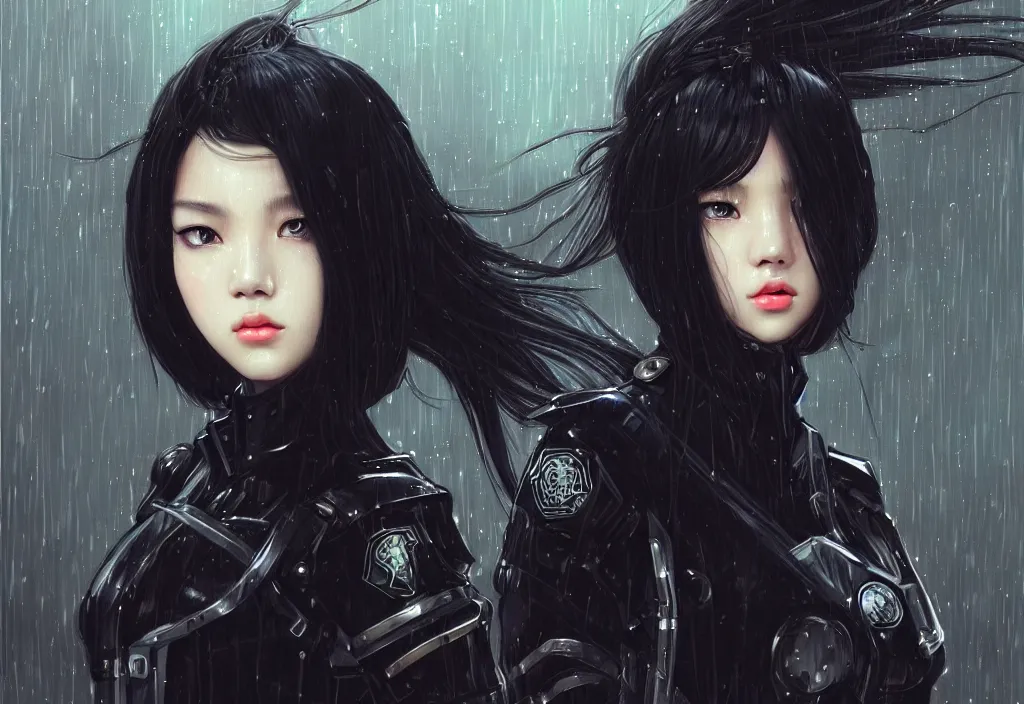 Image similar to portrait lisa blackpink + black hair of futuristic female police, black armored uniform, at futuristic colorpunk tokyo rainy night, ssci - fi and fantasy, intricate and very very very beautiful, highly detailed, digital painting, artstation, concept art, smooth and sharp focus, illustration, art by tian zi and wlop and alphonse mucha