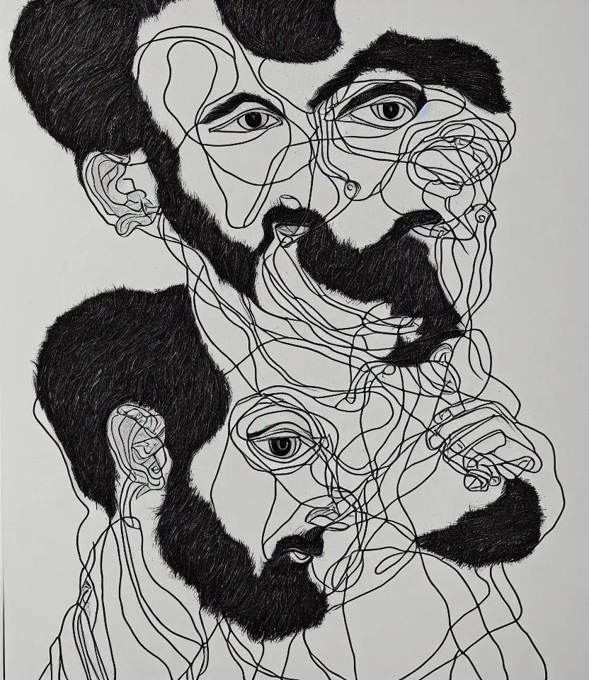 Image similar to detailed line art portrait of ramakrishna, inspired by egon schiele. caricatural, minimalist, bold contour lines, musicality, soft twirls curls and curves, confident personality, raw emotion