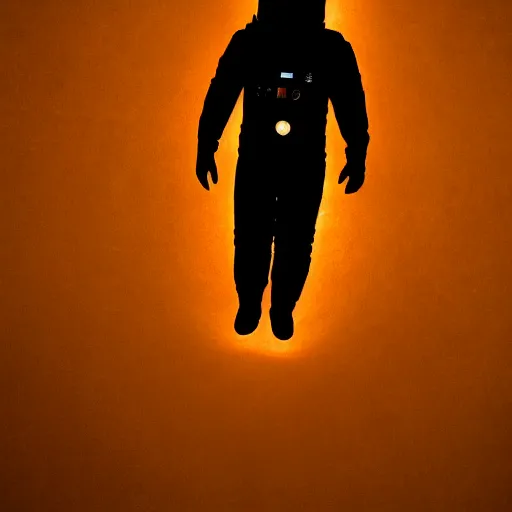 Image similar to astronaut silhouette lit from offcamera, dark background, lit from below, full body photo,, 8 k