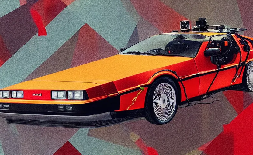 Image similar to a red delorean with a yellow tiger, art by hsiao - ron cheng in a magazine collage style, # de 9 5 f 0