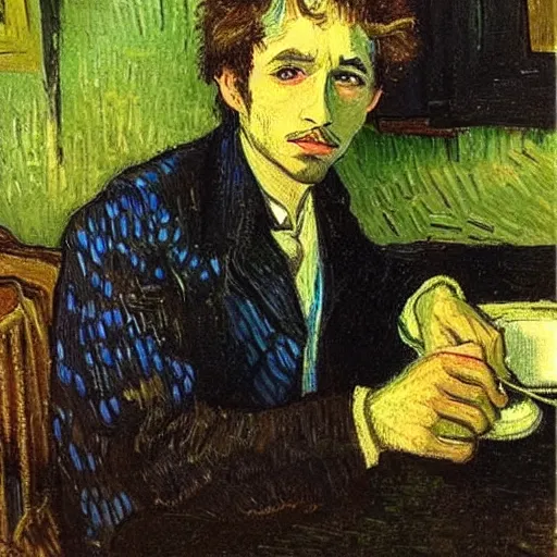 Prompt: detailed portrait of 1890s french bob dylan at his dining table painted by vincent van gogh