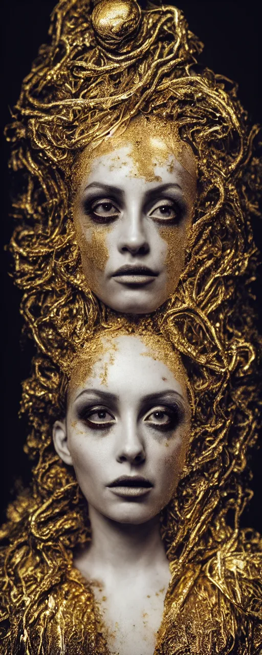 Prompt: Hyper realistic portrait of a surreal goddess ((gold fluid in the background)), Hyper realistic film photography by Emil Melmoth , Zeiss 50mm f2.8, Hasselblad, insanely detailed, sharp focus