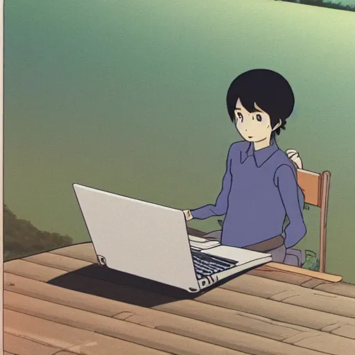 Prompt: guy with shoulder length black hair and long sleeves using a laptop, tan skin, looking down, art by hayao miyazaki, studio ghibli film, twitter pfp
