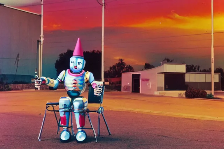 Prompt: robot clown relaxing at a california drive in, in 1 9 7 2, cutecore clowncore, bathed in the the glow of the sunset, low - light photograph, in style of tyler mitchell
