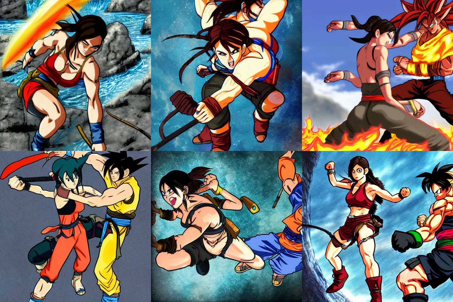 Prompt: Lara Croft fighting Goku, anime