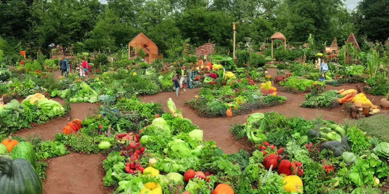 Prompt: storybook scene garden with comically large vegetables