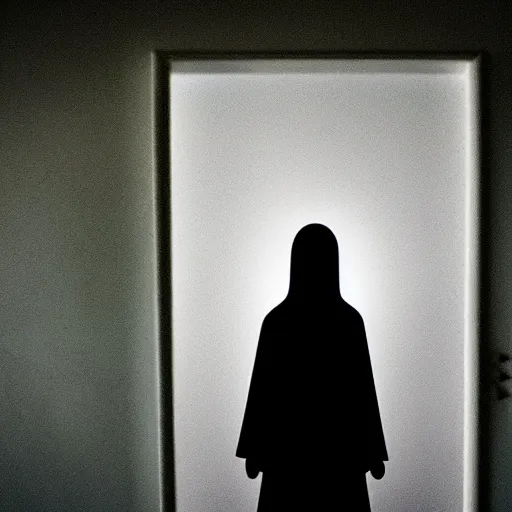 Prompt: a ghost behind a door, dark room