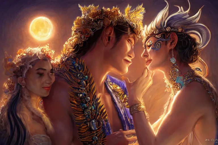 Image similar to close up moment of a divine a sun god and a moon goddess lovers magician at a wedding banquet, highly detailed, d & d, fantasy, highly detailed, digital painting, trending on artstation, concept art, sharp focus, illustration, art by artgerm and daniel gerhartz and magali villeneuve