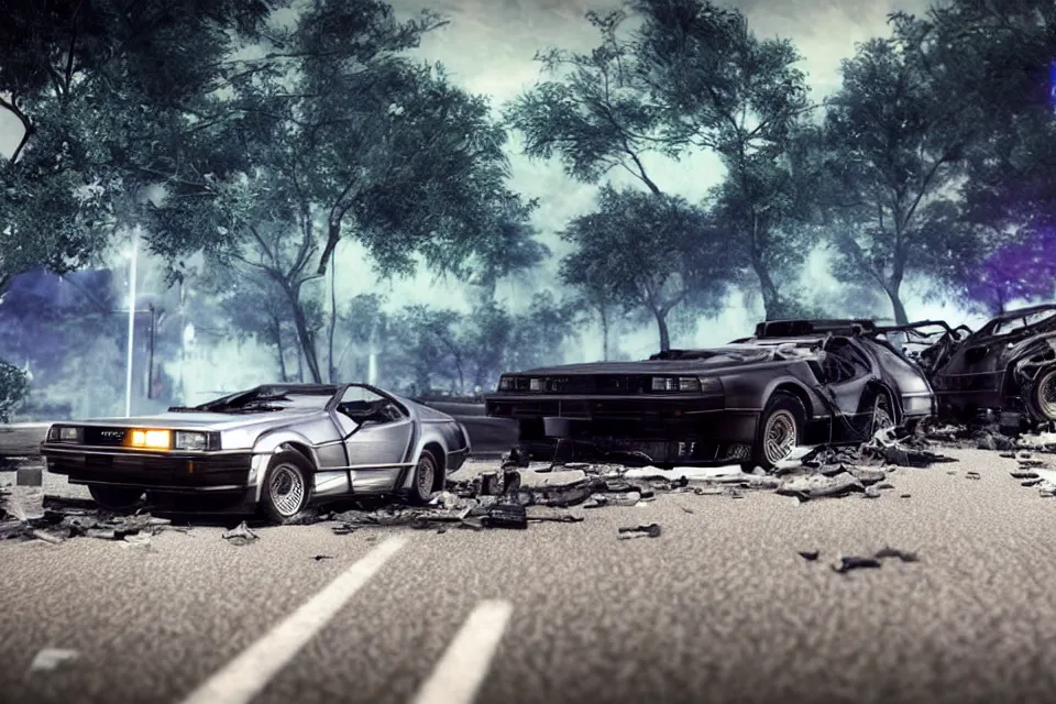 Prompt: ultra realistic delorean dmc 5 and toyta trueno ae 8 6 do parallel drift on road wreckage orbiting earth in space, dark cinematic, volumetric, realistic, 3 d render, realistic render, cinematic lighting, volumetric lighting, atmospheric, cinematic, unreal engine 5, unreal engine render, octane render, hd, photorealism, hyper realistic, 8 k