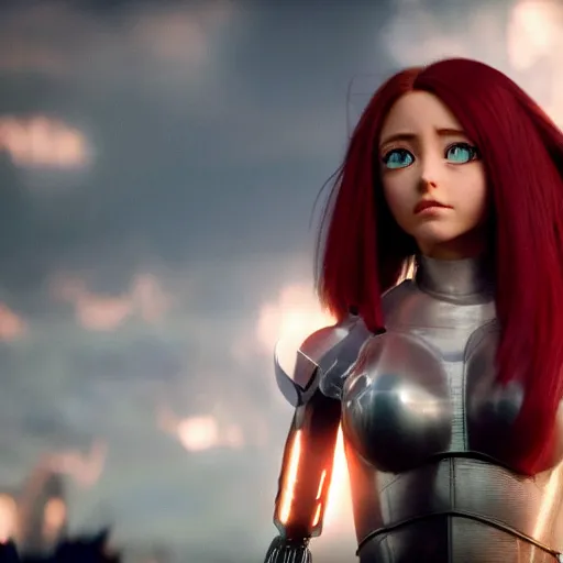 Prompt: cinematic still of red - haired ariana grande in alita : battle angel ( 2 0 1 9 ), xf iq 4, f / 1. 4, iso 2 0 0, 1 / 1 6 0 s, 8 k, raw, dramatic lighting, symmetrical balance, in - frame