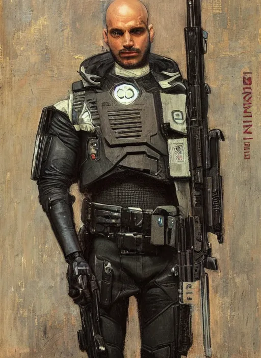 Image similar to Eliezer Nash. Menacing Cyberpunk police trooper wearing a combat vest. Rainy streets (dystopian, police state, Cyberpunk 2077, bladerunner 2049). Iranian orientalist portrait by john william waterhouse and Edwin Longsden Long and Theodore Ralli and Nasreddine Dinet, oil on canvas. Cinematic, vivid colors, hyper realism, realistic proportions, dramatic lighting, high detail 4k