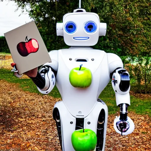 Prompt: a robot butler holding a plate with an apple on it.