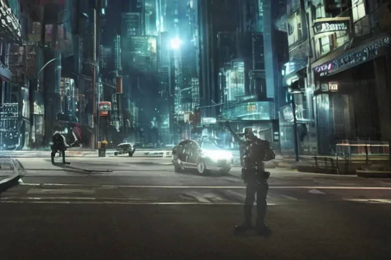 Prompt: cinematography ai robot rights standoff with police, sci-fi future city street at night. Emmanuel Lubezki