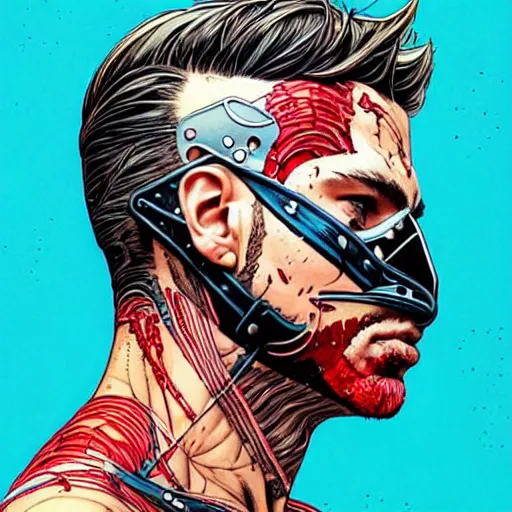 Image similar to a portrait of a back man with side profile blood in ocean intricate details :: side profile :: futuristic mask :: by MARVEL comics and Sandra Chevrier