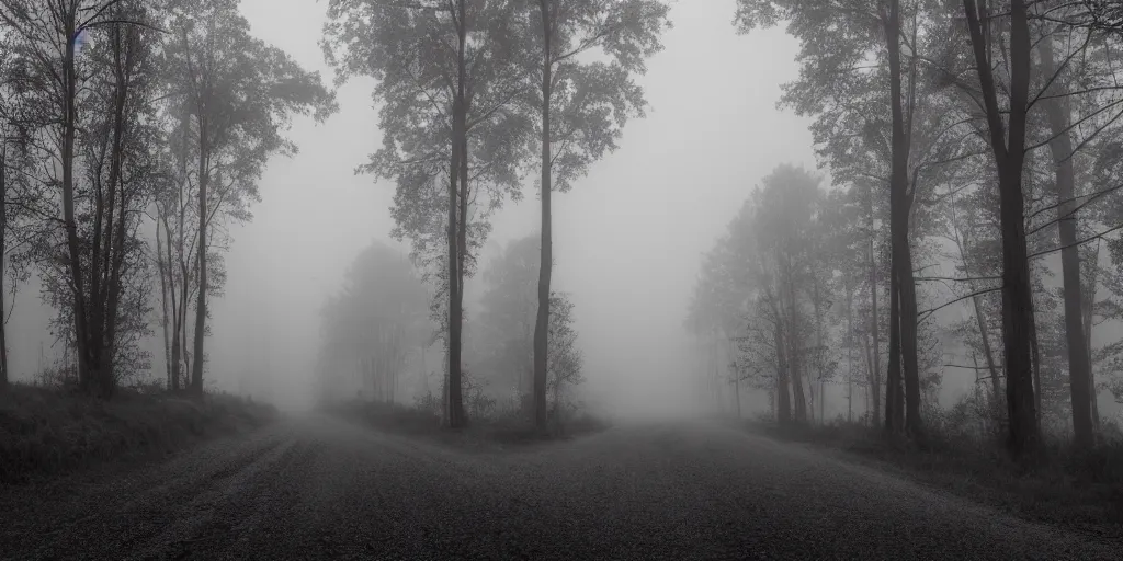 Image similar to road between tall trees in right corner, dark night, fog, cold light, moon