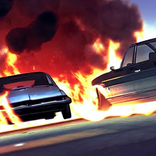 Prompt: an old car jumping over a fire, in game screenshot from need for speed ( 1 9 9 6 )