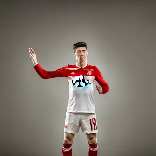 Prompt: Portrait of a Robert Lewandowski , EOS R5, f/2.8, HDR, natural light, medium close shot, dynamic pose, award winning photograph, Michelangelo style