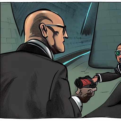 Prompt: An stylized image of an badass MIB encountering an alien for the first time, detailed, ominous, matte colors